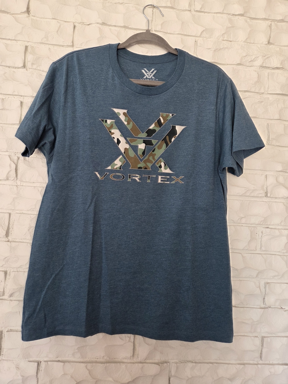 Vortex Men's Heather Blue Short Sleeve Logo Tee with Camo Detail
